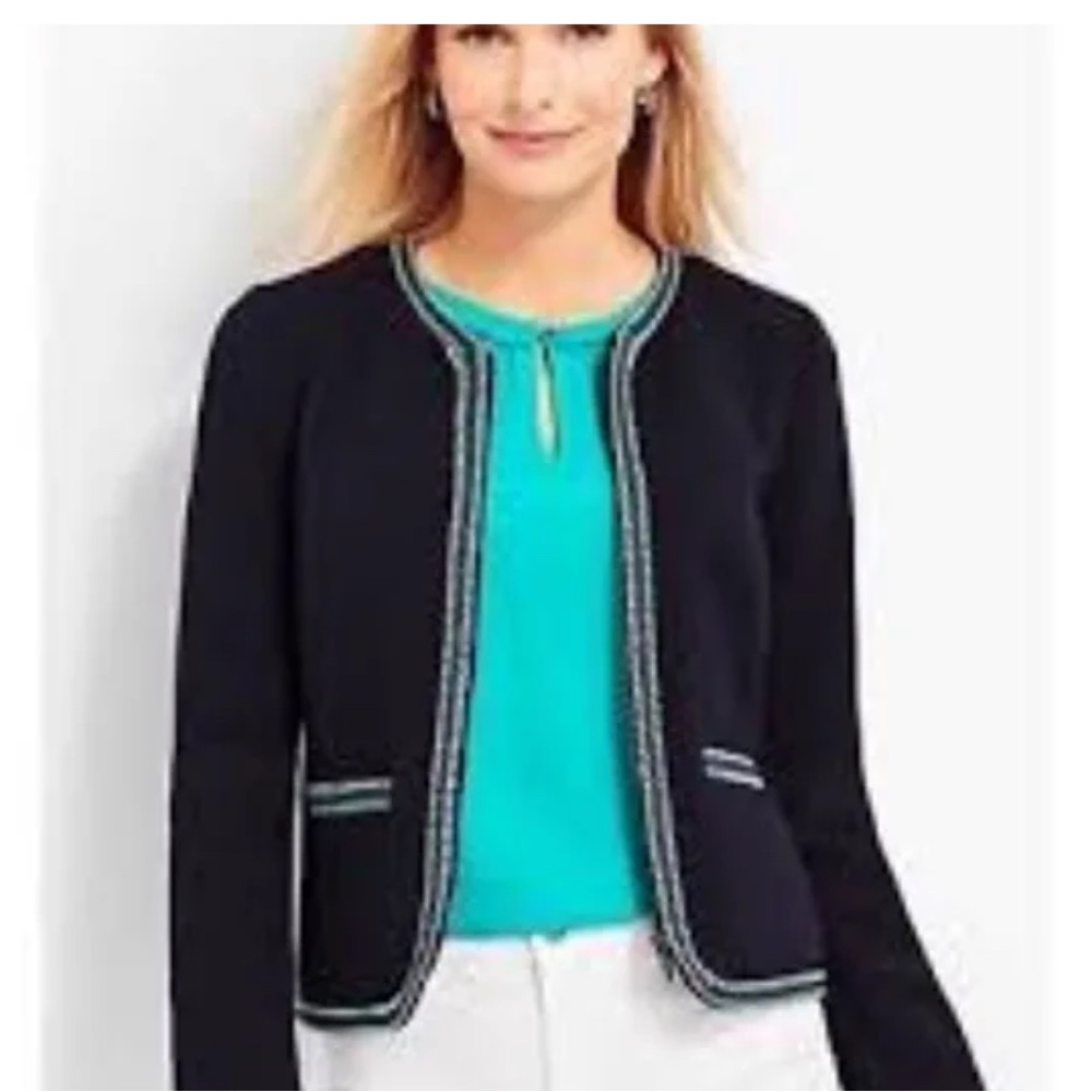 Talbots Navy Blue Stretch Knit Blazer With Braided Trim Zipper Closure Sz 12P